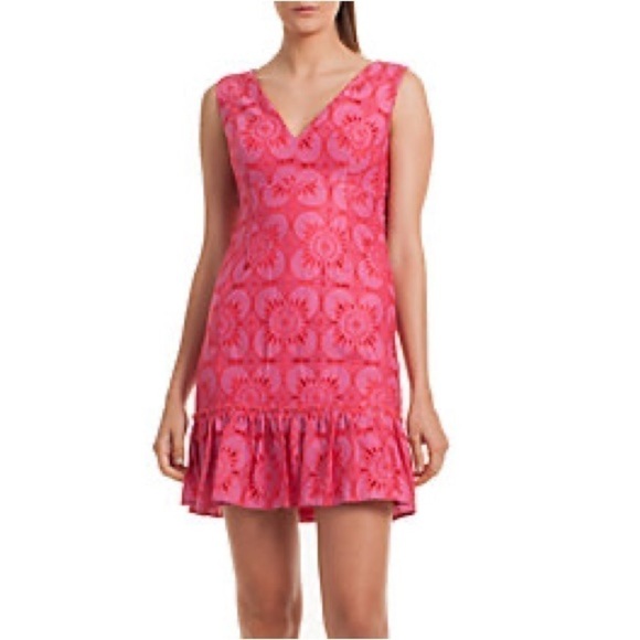 TRINA Turk Carpenteria Floral Lace Ruffle Hem Mini Dress in Peony | Size 8 - Picture 3 of 16
